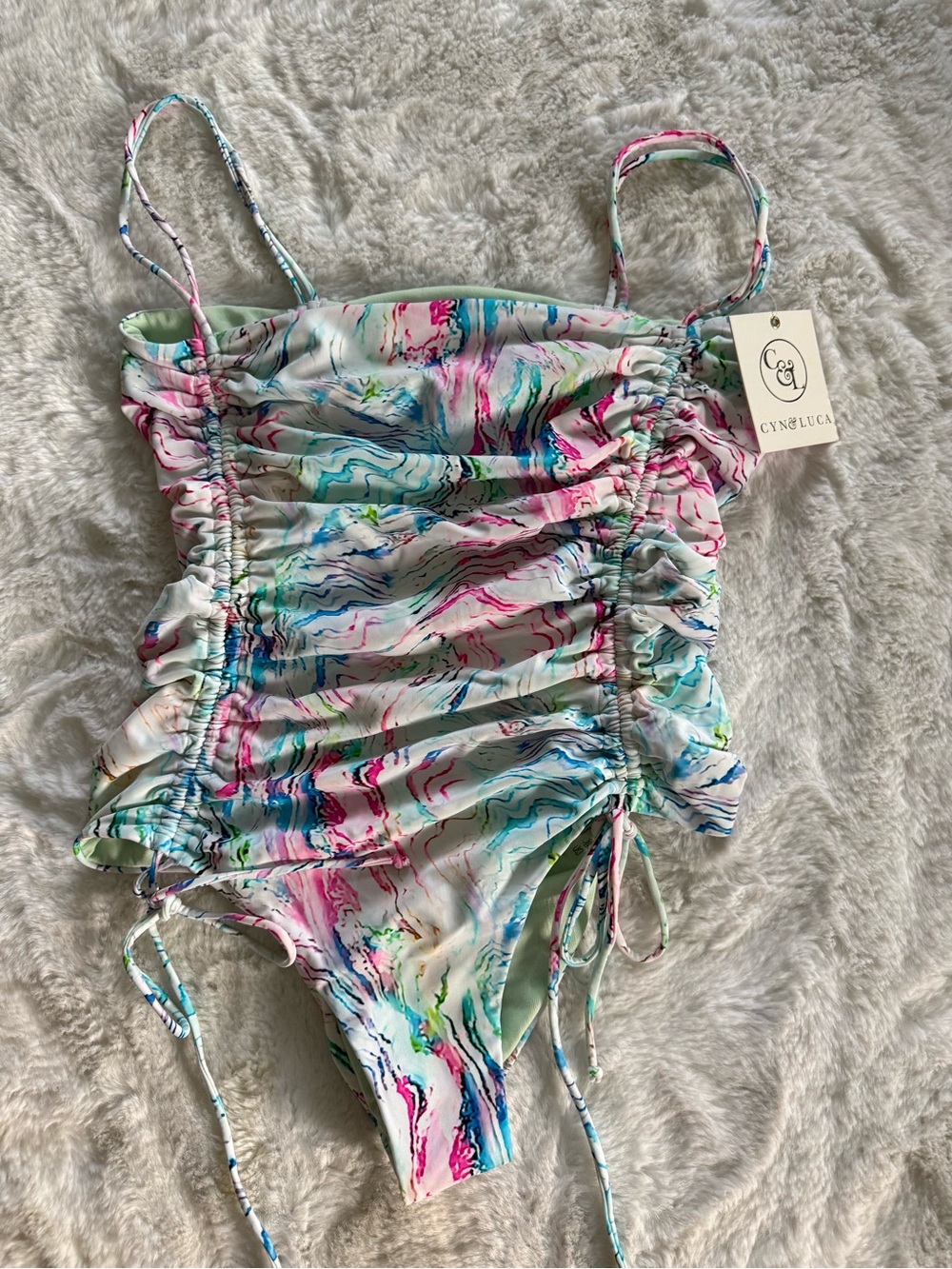 NWT CYN & LUCA Multicolor Marble Ruched One-Piece Swimsuit